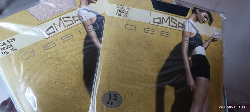 Collant OMSA Design Tearose, due paia nero e due nude, taglia XL, 15 Den,con rombo igienico. 200g.
