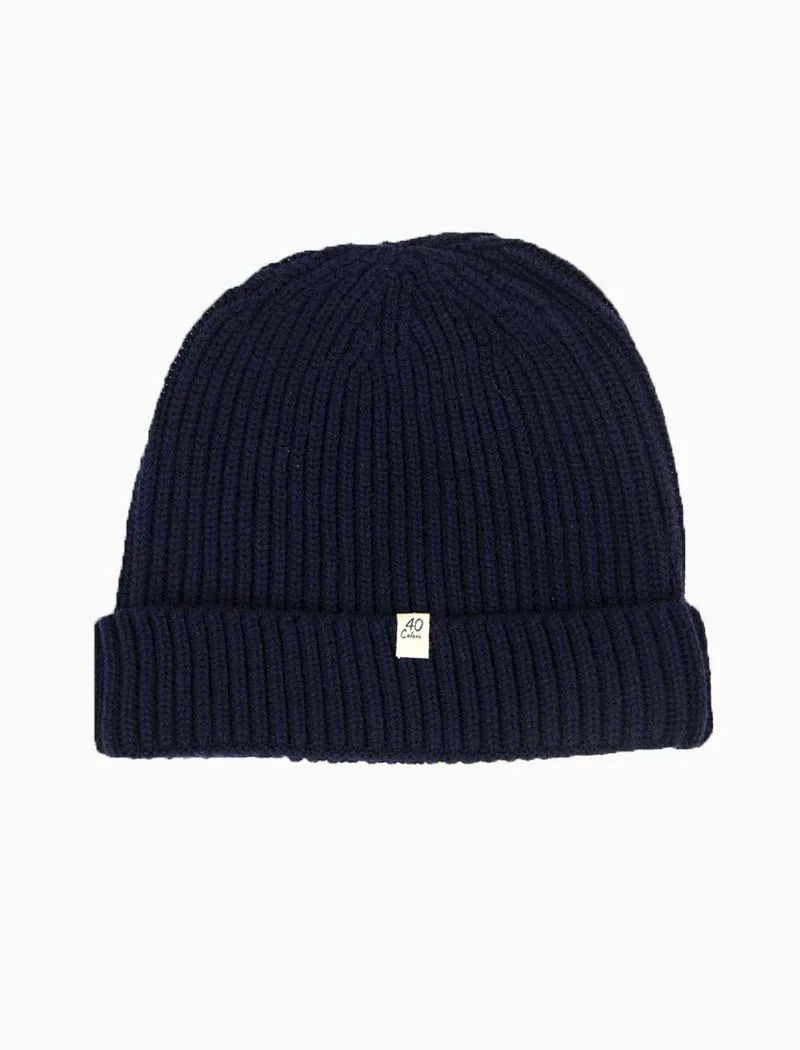 Navy Small Ribbed Wool Beanie