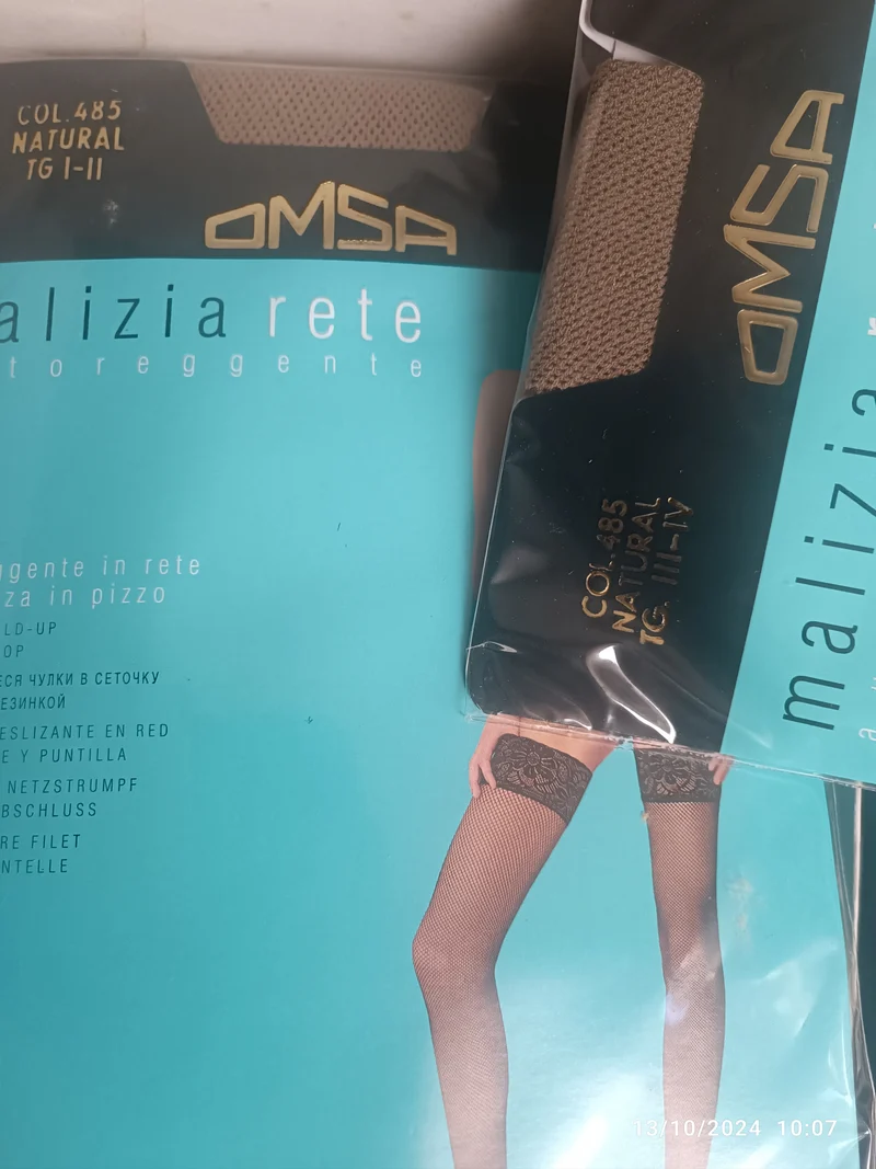 Calze Malizia rete OMSA, autoreggente con balza in pizzo, colore natural, taglia I/II. 50 g.