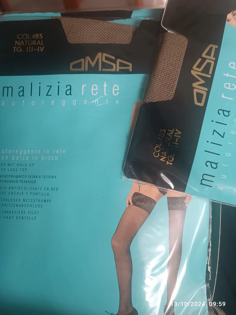 Calze Malizia rete OMSA, autoreggente con balza in pizzo, colore natural, taglia III/ IV. 50 g.
