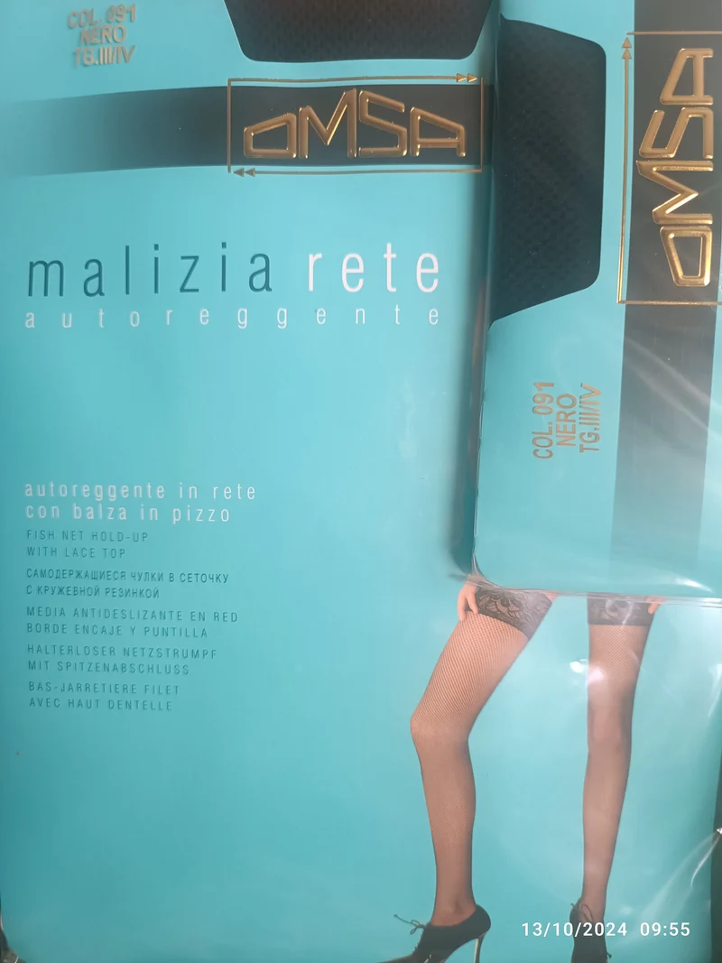 Calze Malizia rete OMSA, autoreggente con balza in pizzo, colore nero, taglia III/IV. 50 g.