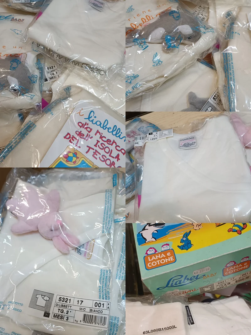 Liabellissima, maglia intima neonato, cotone sulla pelle e lana fuori, anallergica della Liabel, sei maglie con peluche in omaggio, taglia 2 per 3 mesi. 300g.