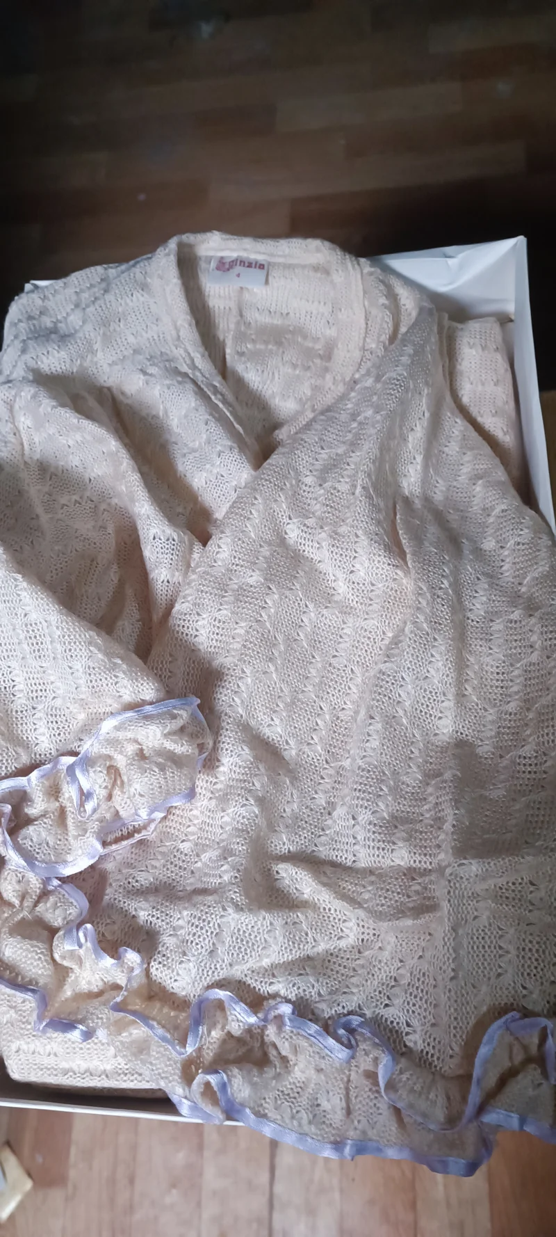 Vestaglia Cinzia lunga vintage donna, panna con nastri di raso lilla, taglia 4. 700g.