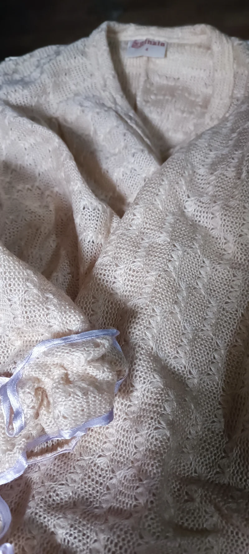 Vestaglia Cinzia lunga vintage donna, panna con nastri di raso lilla, taglia 4. 700g.