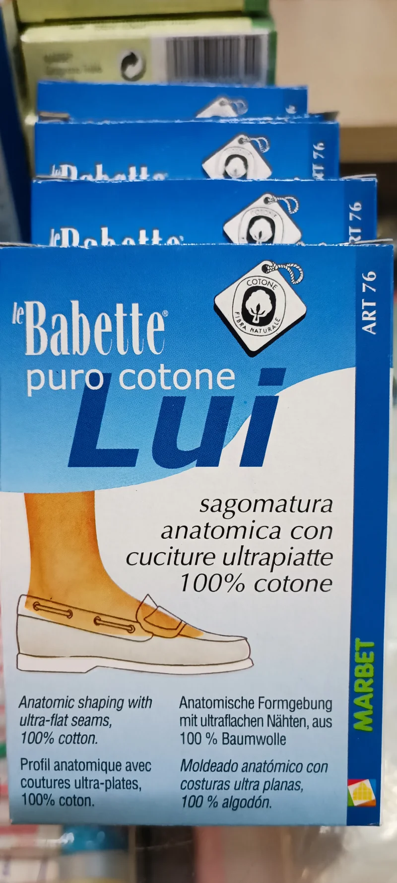 Babette Lui puro cotone, cuciture ultrapiatte, quattro paia 40/41, bianco. 100g.
