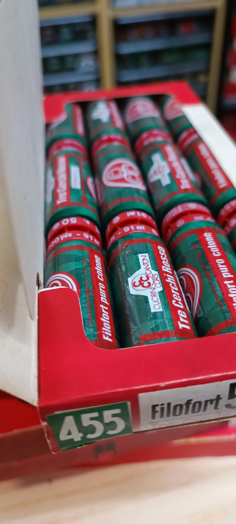 Spagnolette Tre Cerchi Rosso, filo da cucito. Confezione da 12. 100g.