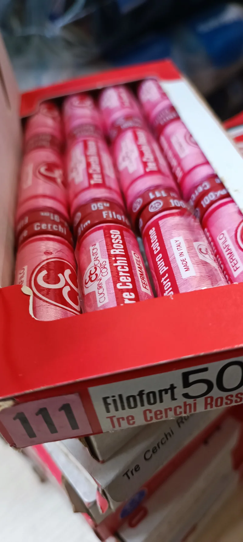 Spagnolette Tre Cerchi Rosso, filo da cucito. Confezione da 12. 100g.