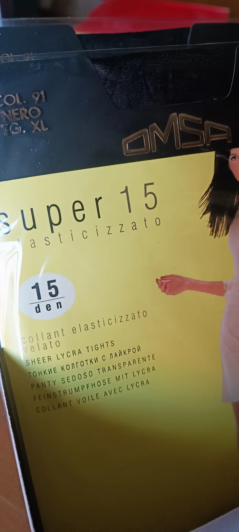 Otto collant OMSA Super 15 elasticizzato, taglia XL, 3 nero e 5 fumo. 400g.