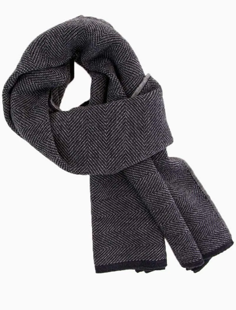Charcoal & Grey Reversible Herringbone Knitted Wool Scarf
