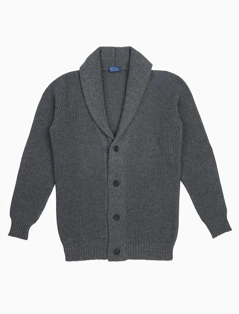Grey Ribbed Shawl Neck Wool & Cashmere Cardigan
