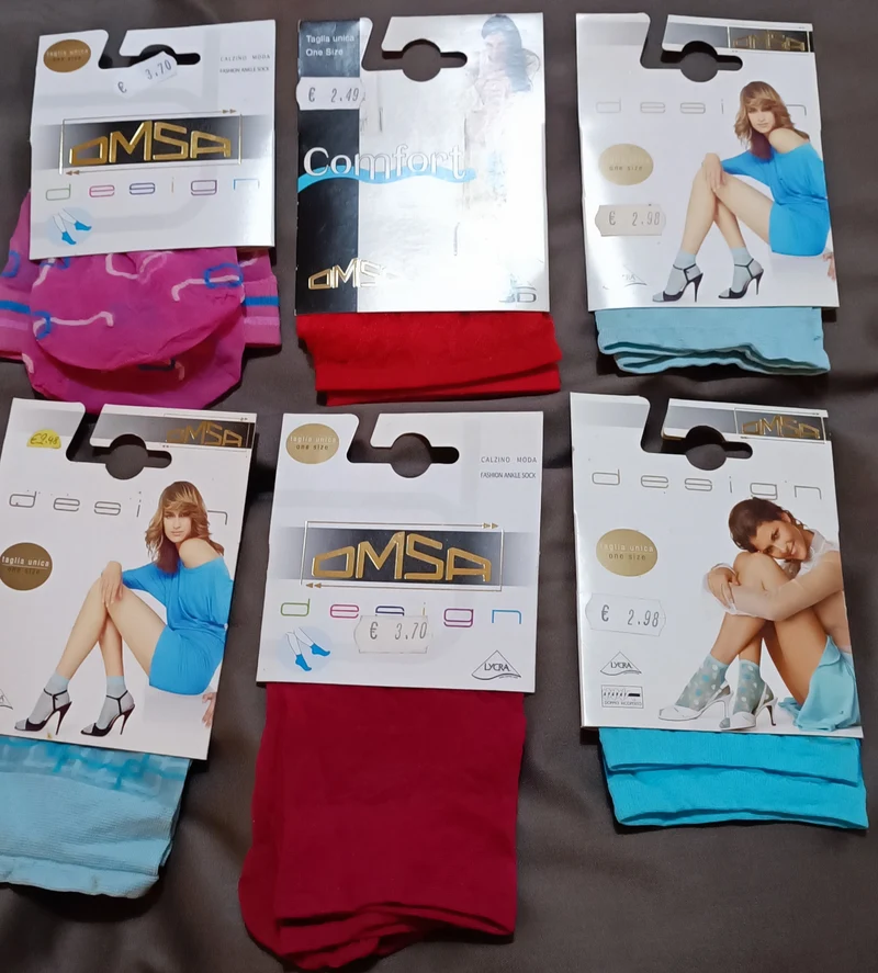 Gambaletti moda OMSA, sei paia, taglia unica, a fantasia e tinta unita. 300g.