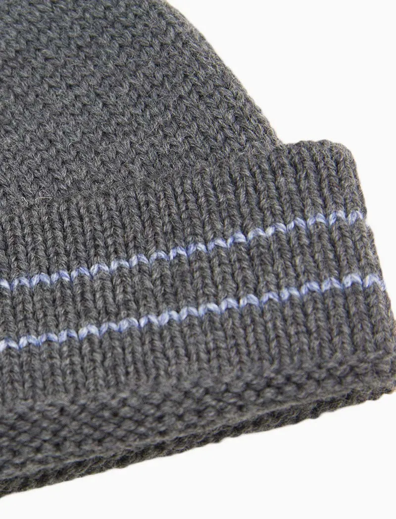 Grey Striped Wool Fisherman Beanie
