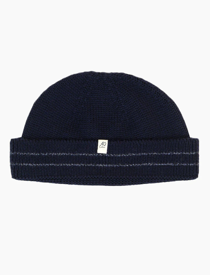 Dark Blue Striped Wool Fisherman Beanie