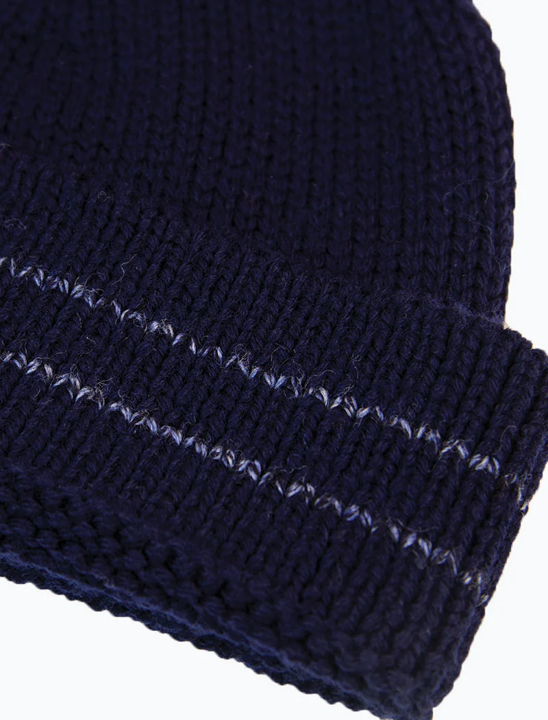 Dark Blue Striped Wool Fisherman Beanie