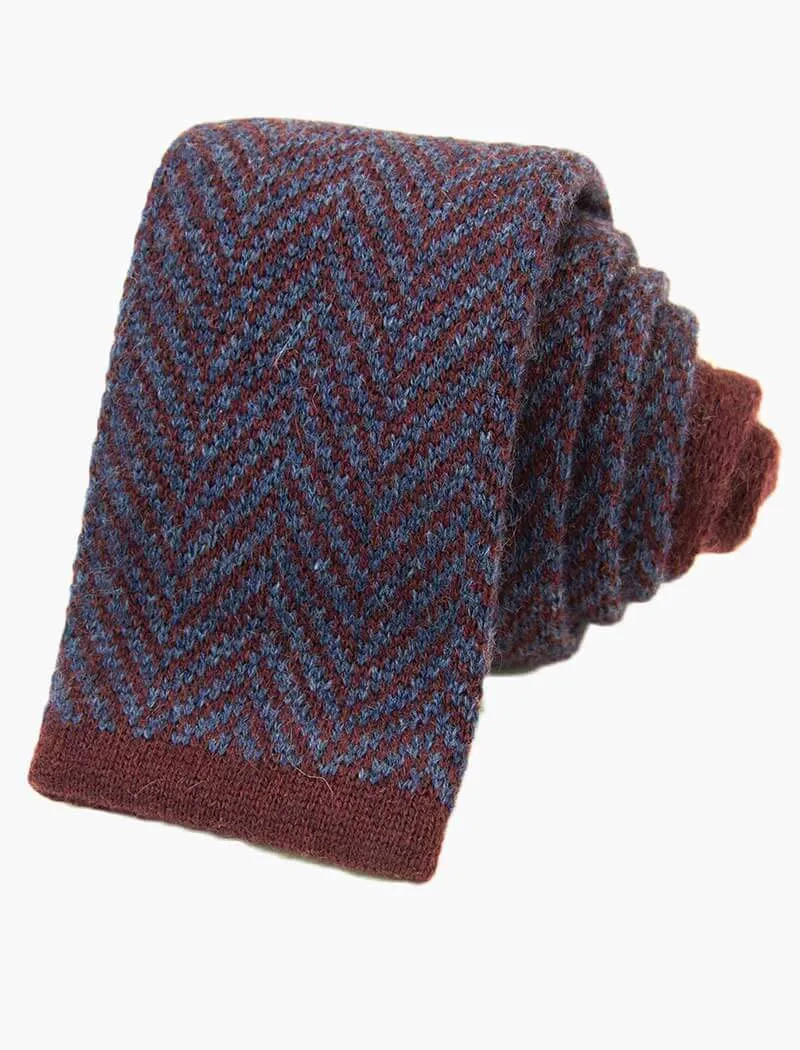 Burgundy & Blue Herringbone Cashmere Knitted Tie
