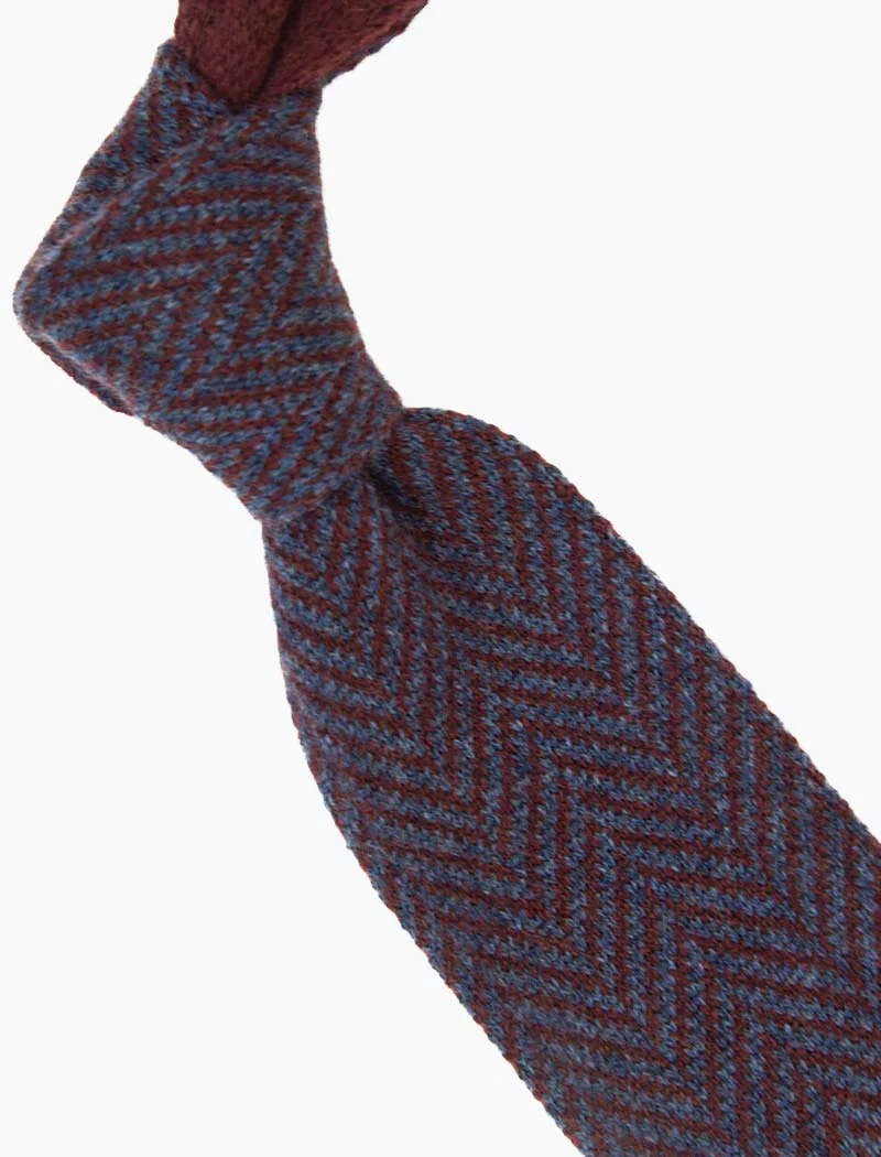 Burgundy & Blue Herringbone Cashmere Knitted Tie