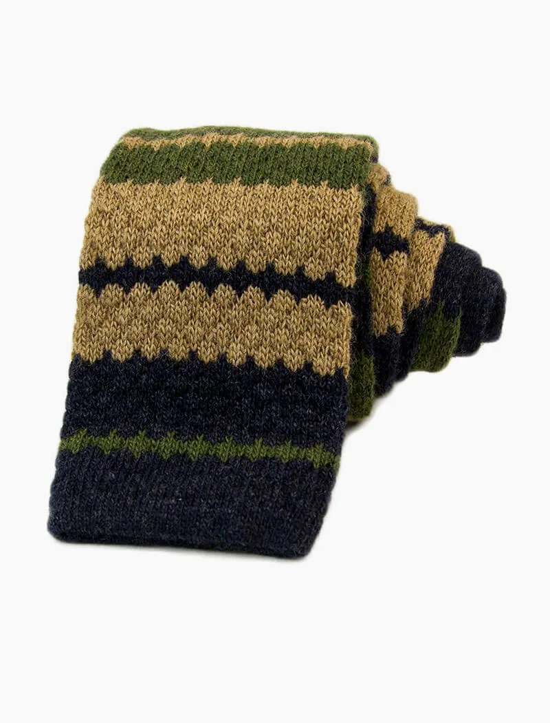 Olive Green Striped Wool & Cashmere Knitted Tie