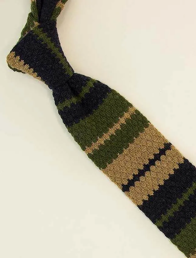 Olive Green Striped Wool & Cashmere Knitted Tie
