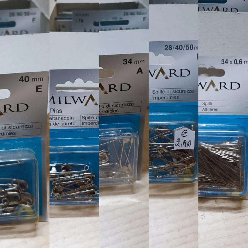 Cinque confezioni MilWard di spilli e spille di sicurezza di varie misure. 200 g.
