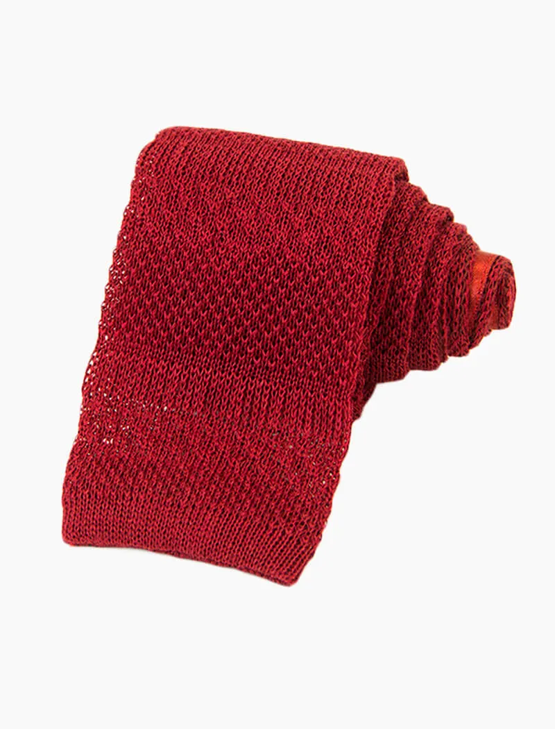Red Textured Striped Linen Knitted Tie
