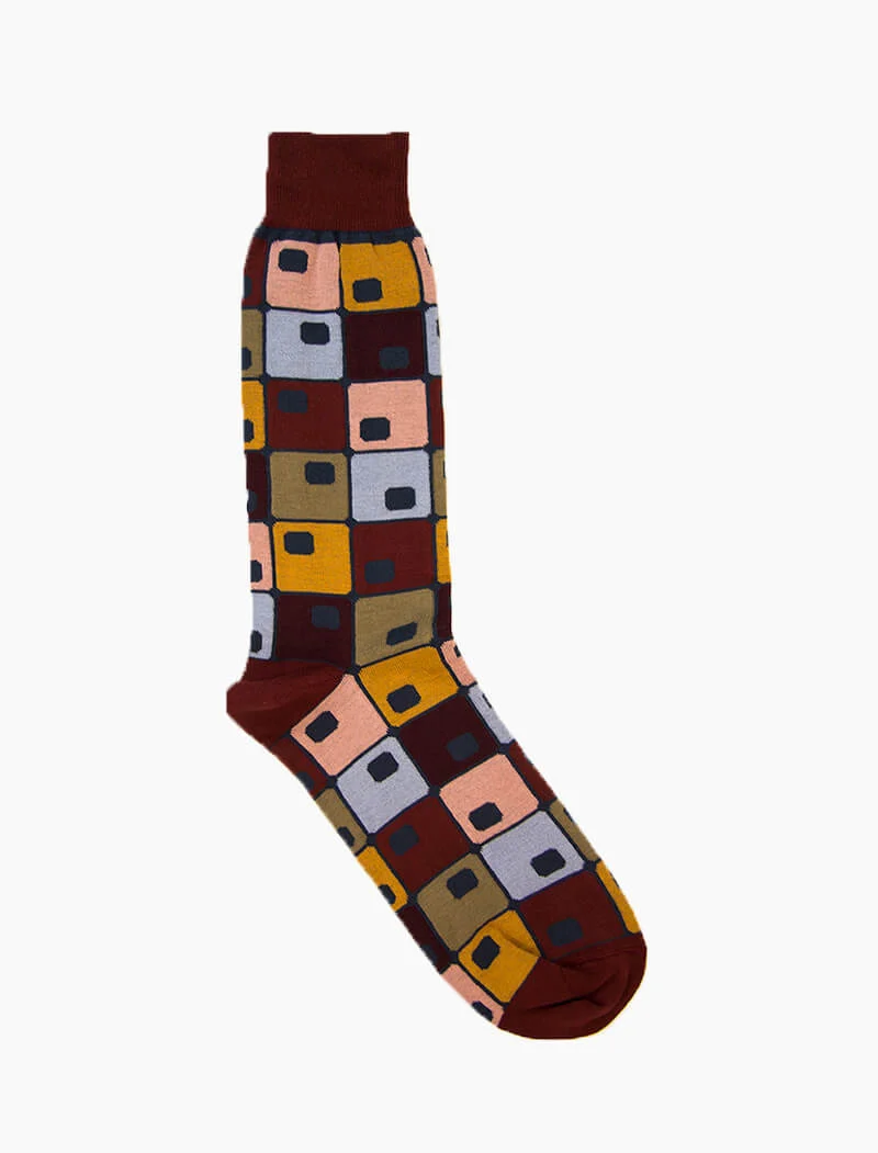 Burgundy 70's Squares Organic Cotton Socks
