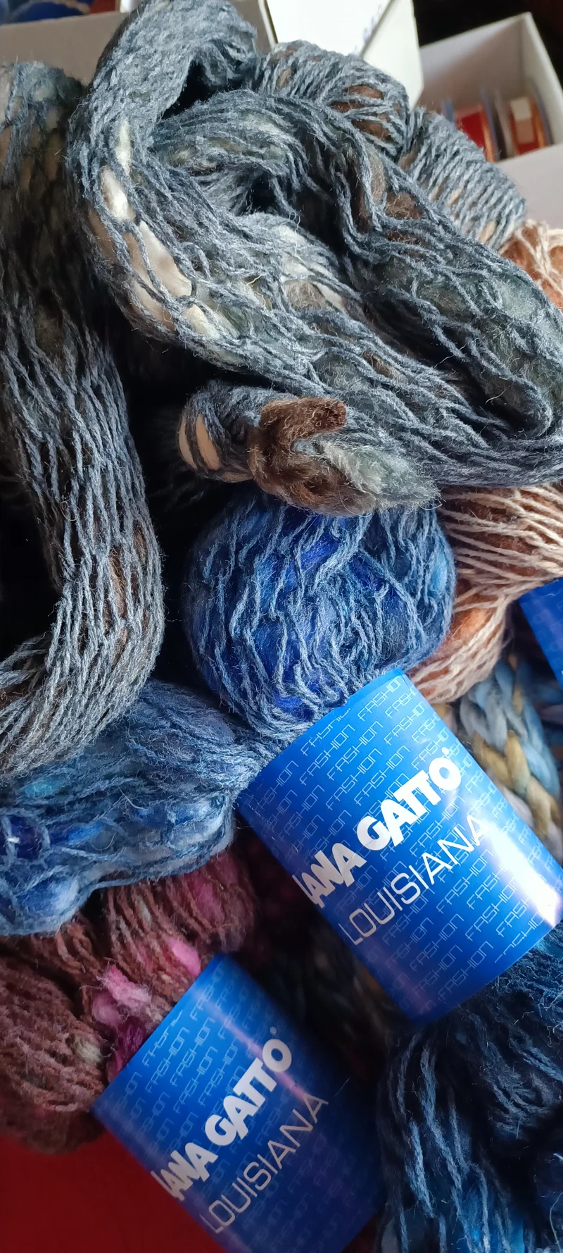 Filato Louisiana da lavorare con le mani in matasse da 100 g in sfumature di grigio, bordeaux, beige e carta da zucchero. 100 g.