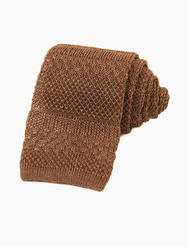 Brown Textured Striped Linen Knitted Tie