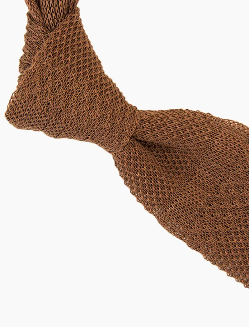 Brown Textured Striped Linen Knitted Tie