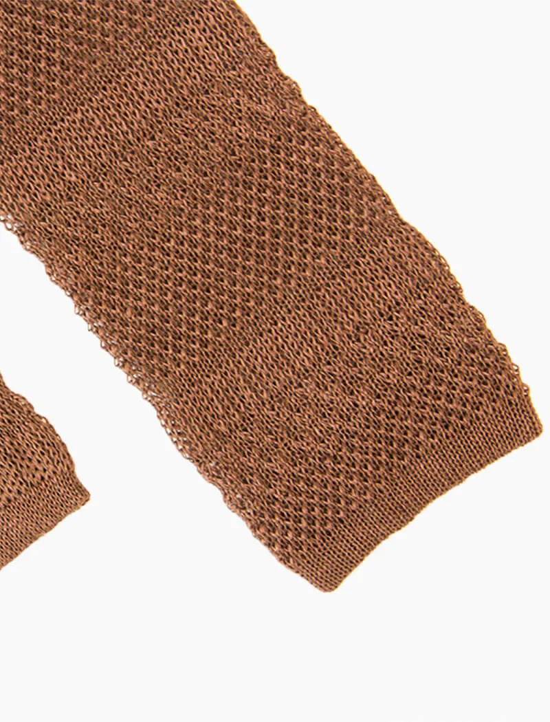 Brown Textured Striped Linen Knitted Tie