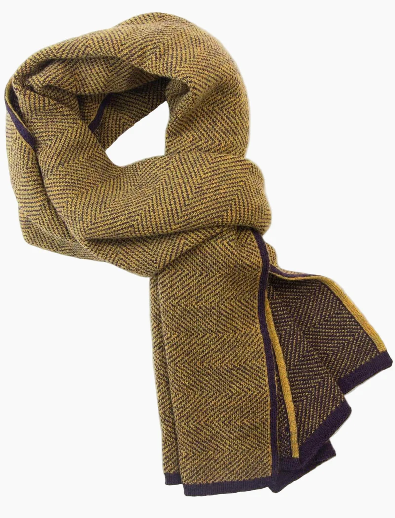 Mustard Yellow & Purple Reversible Herringbone Knitted Wool Scarf