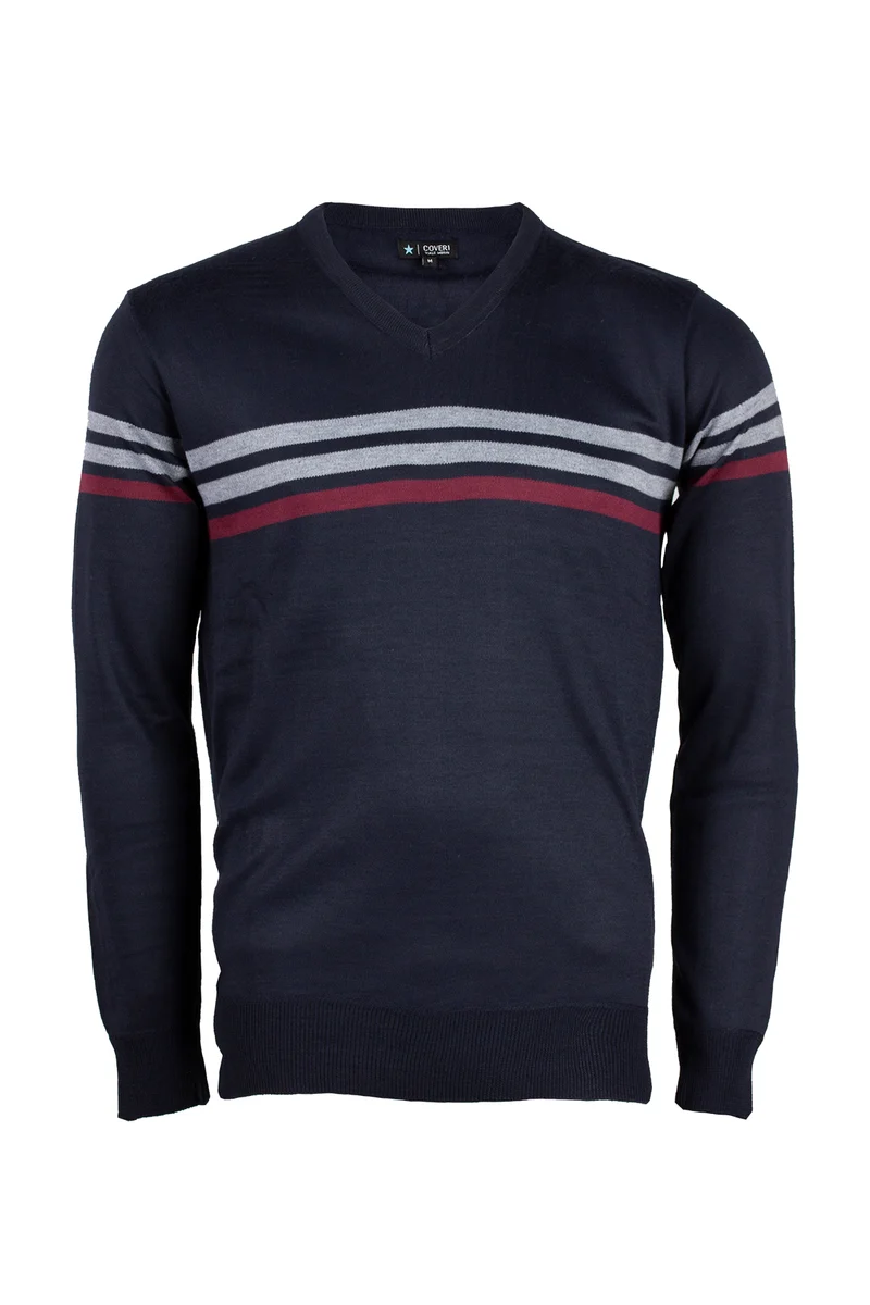 Pullover scollo a v con righe a contrasto