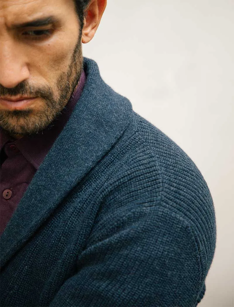 Navy Ribbed Shawl Neck Wool & Cashmere Cardigan