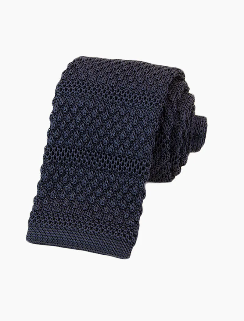 Navy Solid Textured Striped Silk Knitted Tie