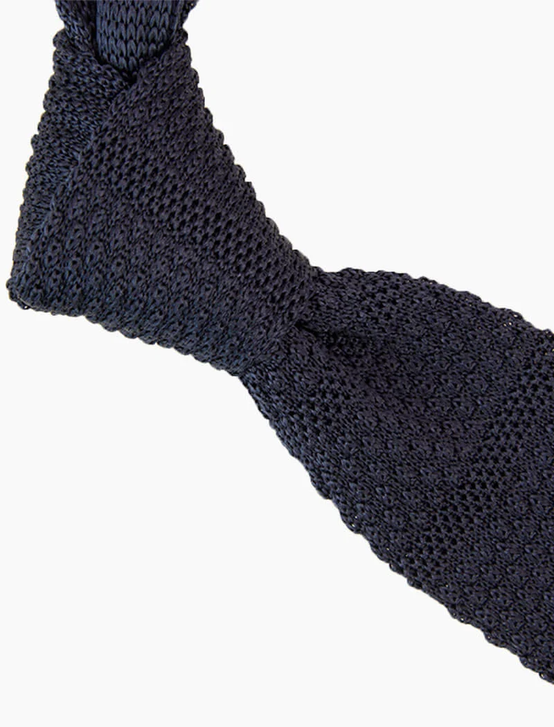 Navy Solid Textured Striped Silk Knitted Tie