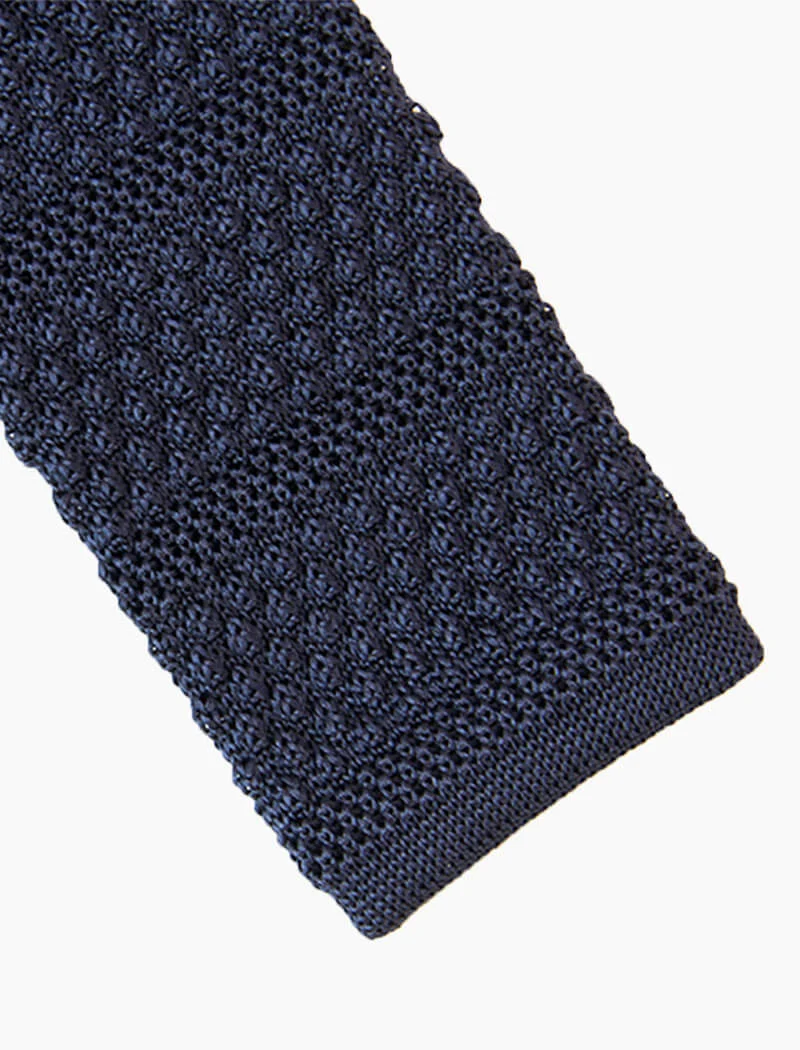 Navy Solid Textured Striped Silk Knitted Tie