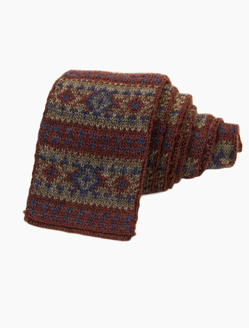 Burgundy Fair Isle Wool Knitted Tie