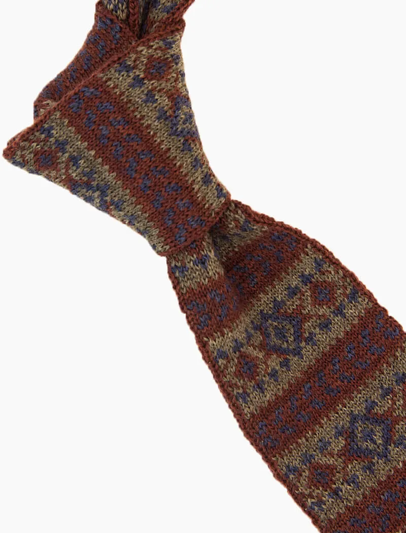 Burgundy Fair Isle Wool Knitted Tie