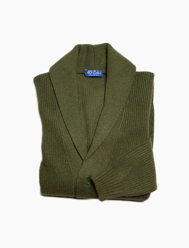 Olive Green Ribbed Shawl Neck Wool & Cashmere Cardigan