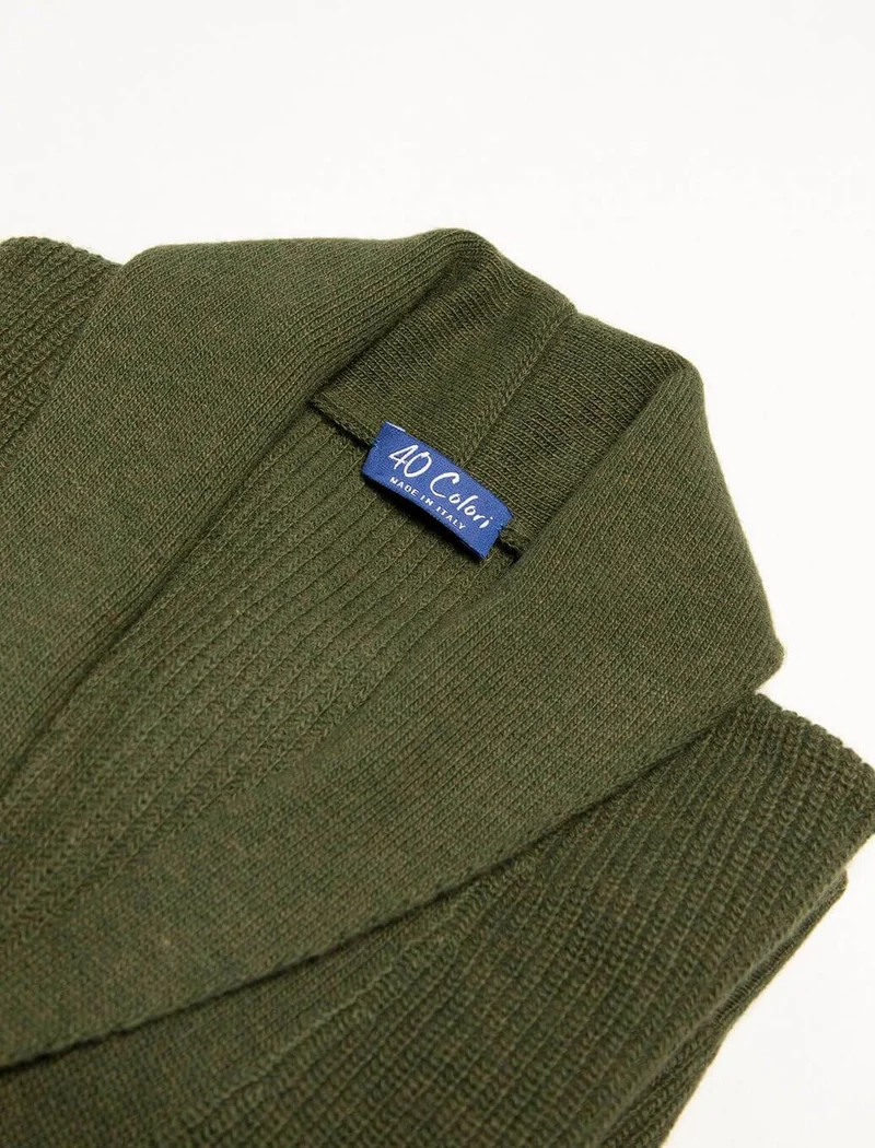 Olive Green Ribbed Shawl Neck Wool & Cashmere Cardigan