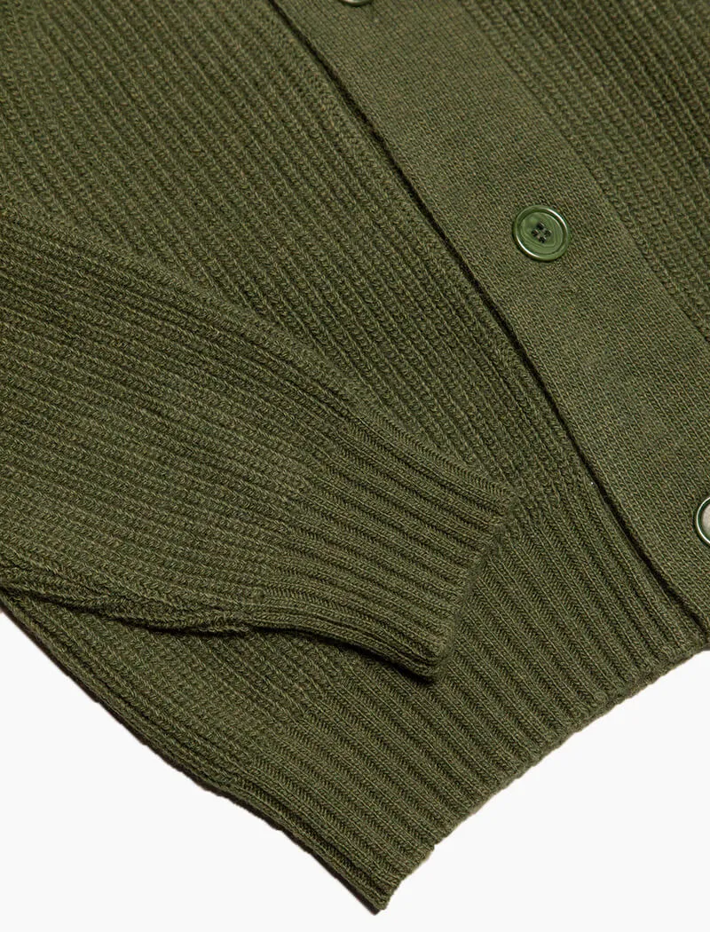 Olive Green Ribbed Shawl Neck Wool & Cashmere Cardigan