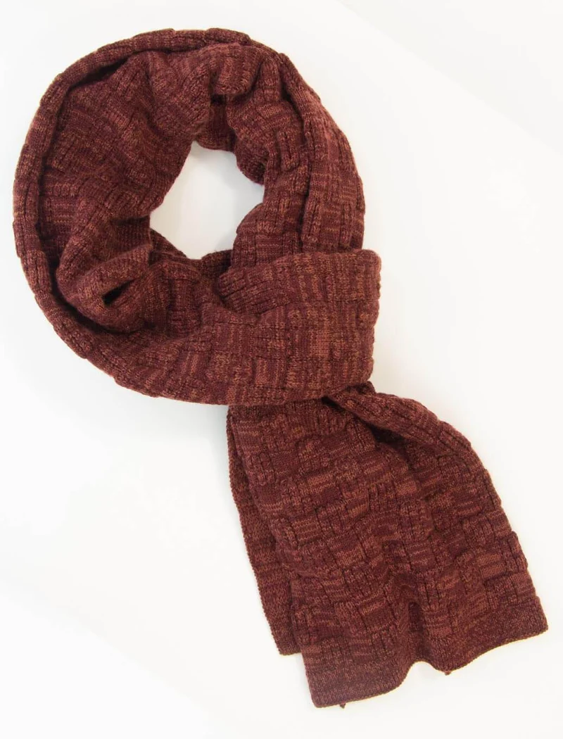 Burgundy Melange Checkerboard Knitted Wool Scarf