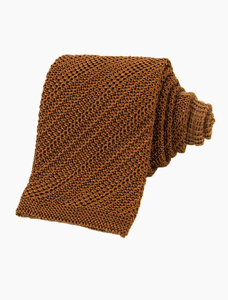 Rust Solid Diagonal Striped Silk Knitted Tie