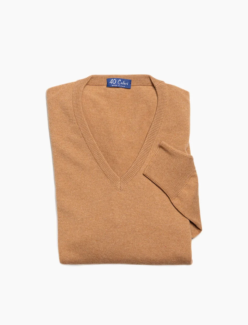 Beige Deep V Neck Cashmere Jumper