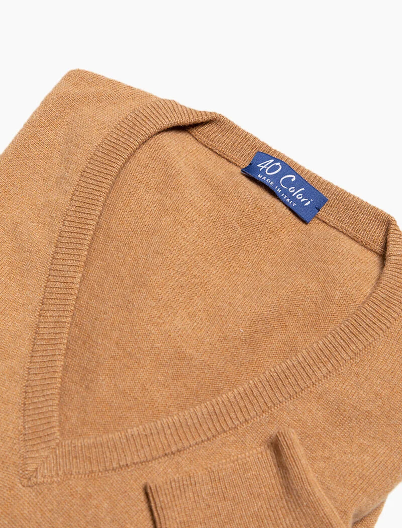 Beige Deep V Neck Cashmere Jumper