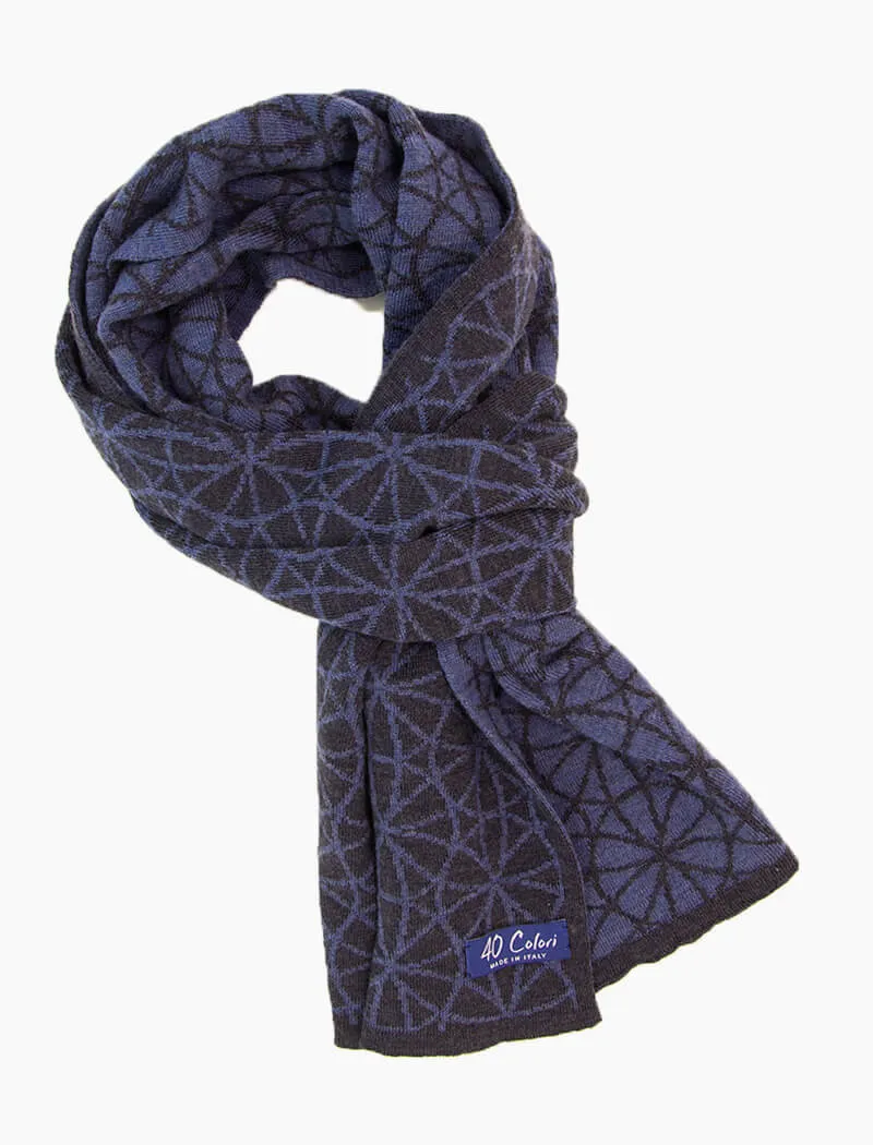 Blue Geometric Flowers Reversible Knitted Wool Scarf