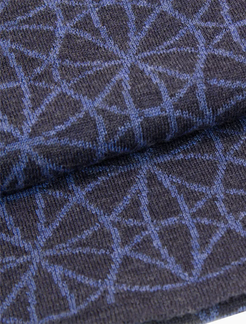 Blue Geometric Flowers Reversible Knitted Wool Scarf