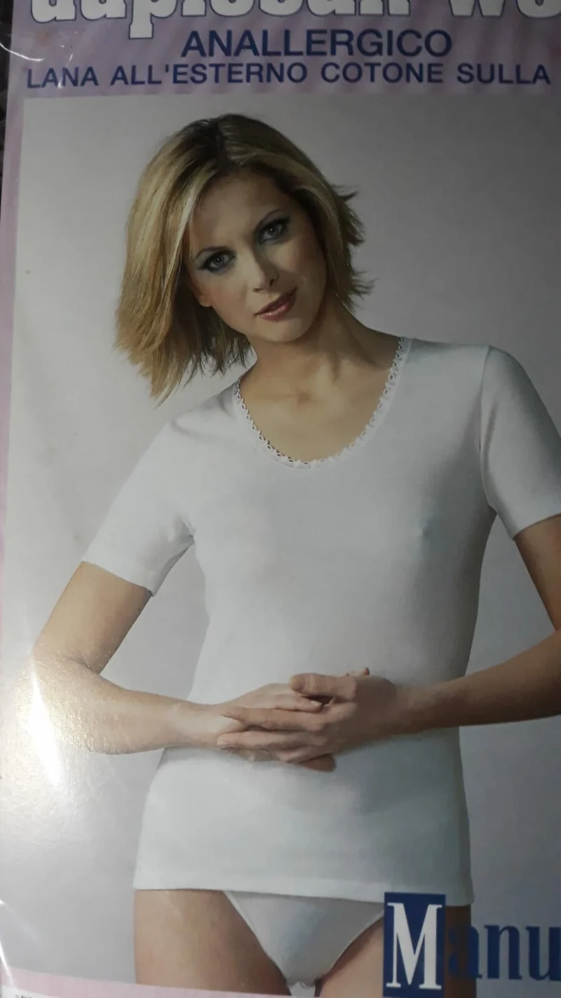 Maglia intima donna Manufat mezza manica con bordo macramè, lana esterna, cotone sulla pelle, 100g.