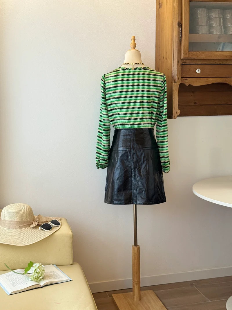 Green Check Set | Camicia chiffon e gonna A-line in ecopelle
