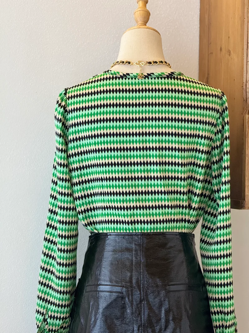 Green Check Set | Camicia chiffon e gonna A-line in ecopelle