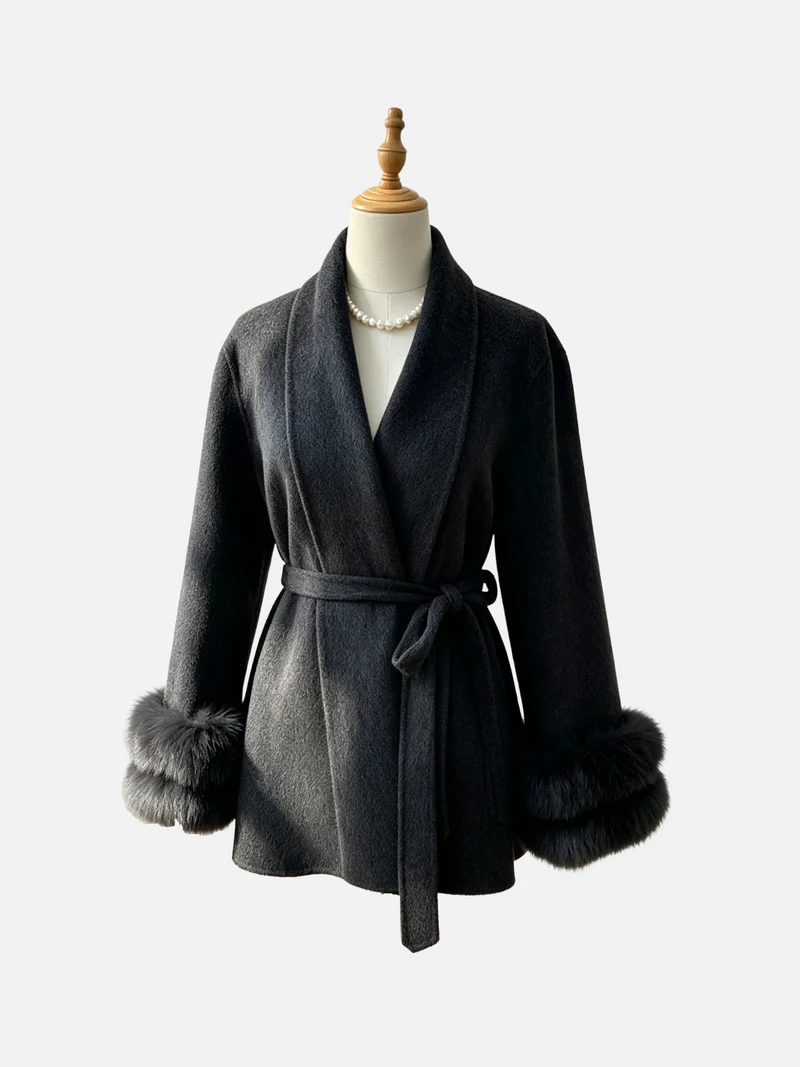 Cappotto in cashmere e lana di cammello con cintura e dettagli in pelliccia